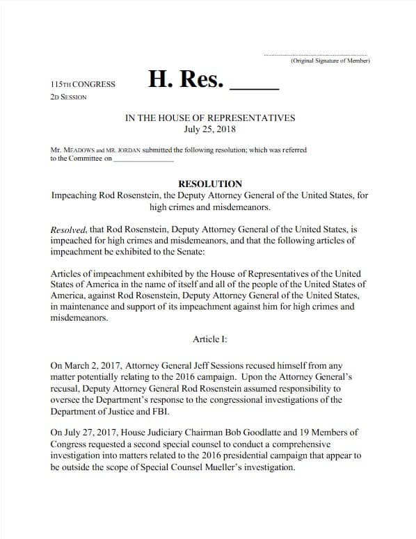 Articles Of Impeachment Against Rod Rosenstein